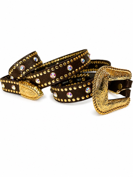 nacona Accessories - Nocona Western Belt XXL Genuine Leather Gold Studs Rhinestones Ornate Buckle